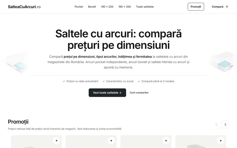Pagina principală SalteaCuArcuri.ro: comparator de prețuri pentru saltele cu arcuri pocket și bonell pe dimensiuni